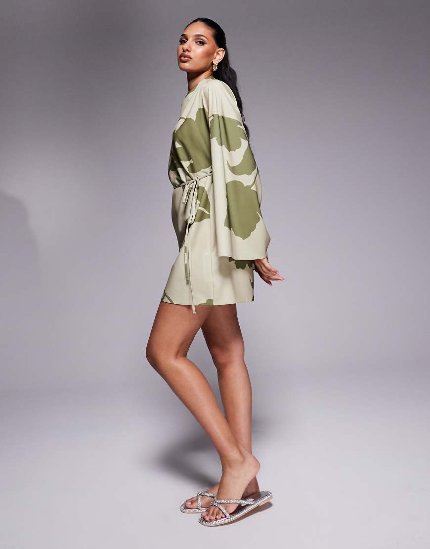 ASOS DESIGN kimono sleeve mini dress in two-tone floral-Multi