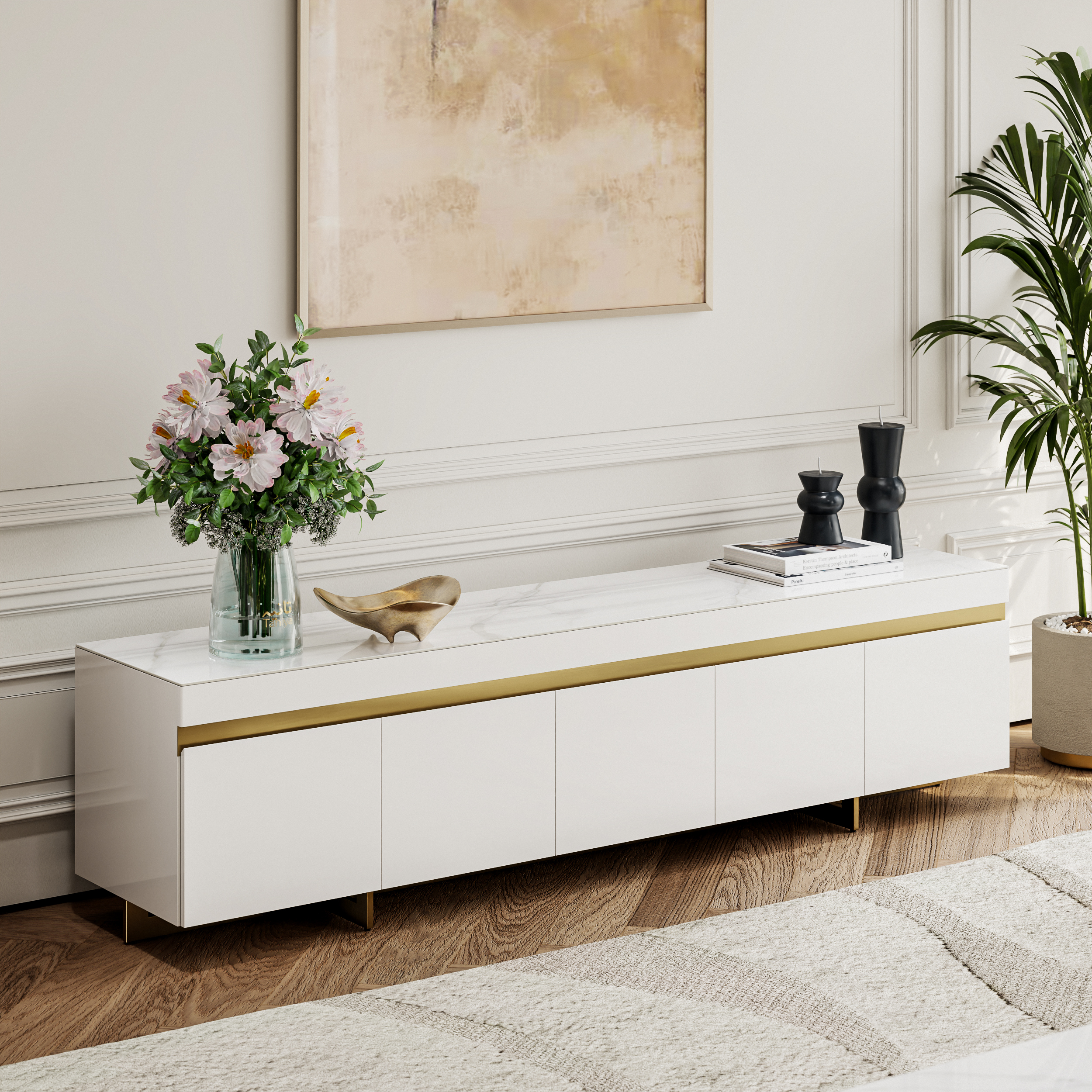 86" White Sintered Stone Top TV Stand with 4 Drawer
