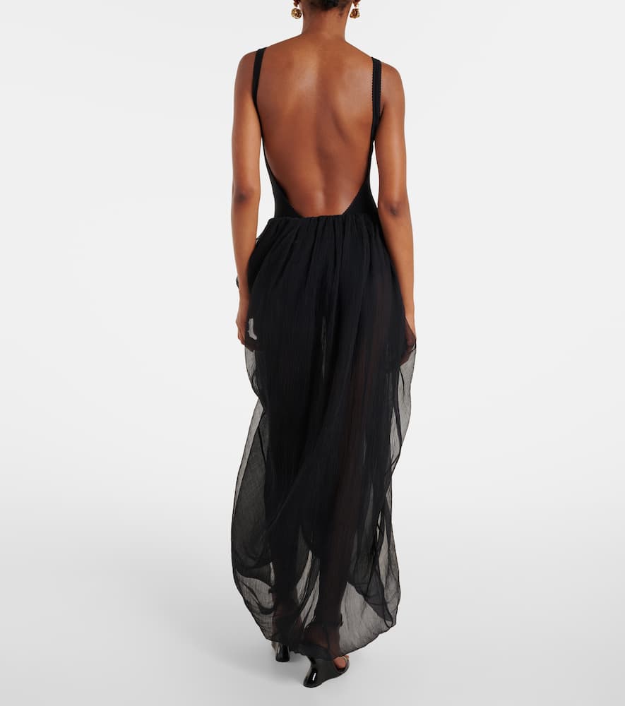 Ruffled silk tulle maxi skirt