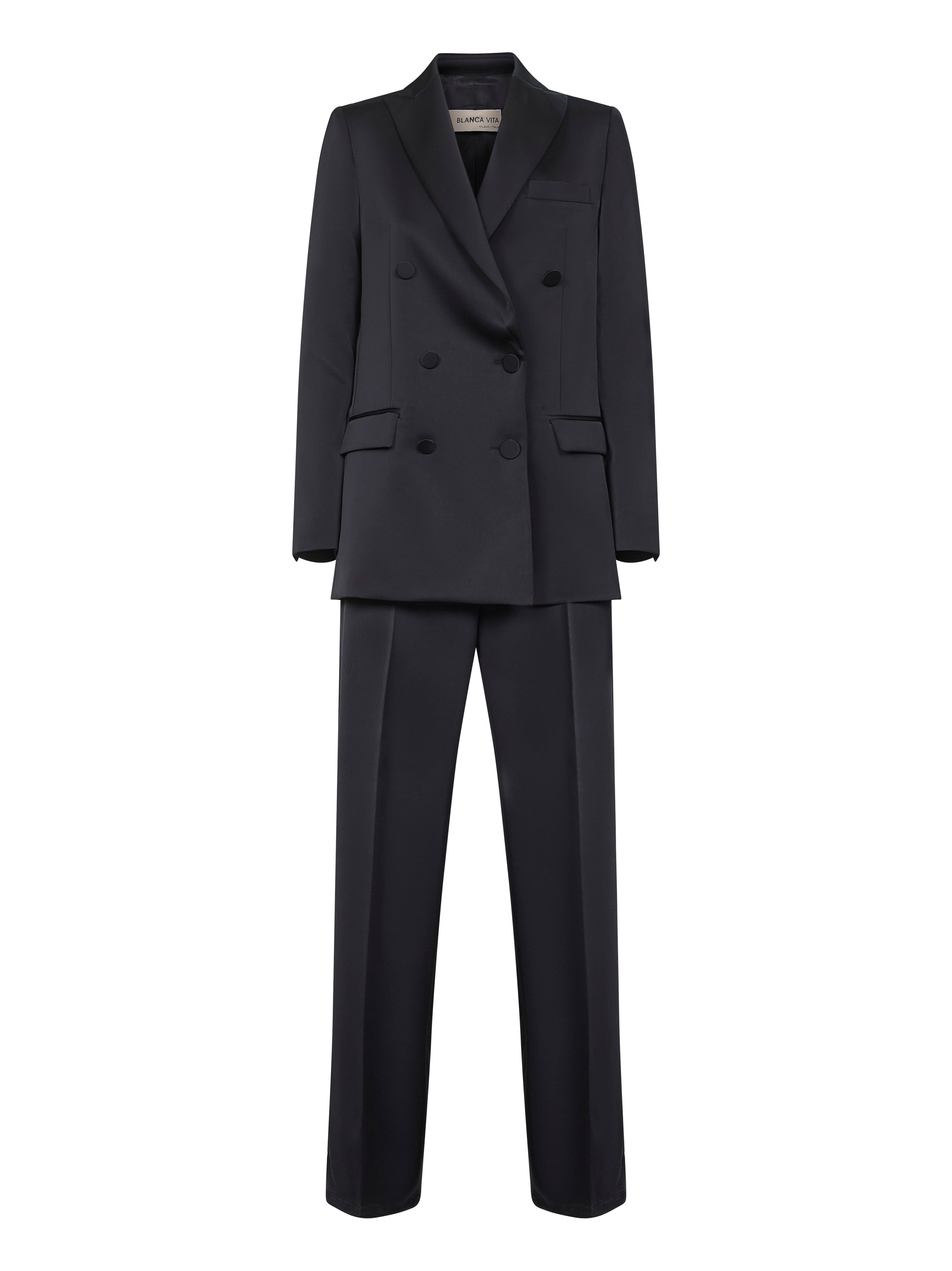 Satin Double-Breasted Pant Suit — Blue