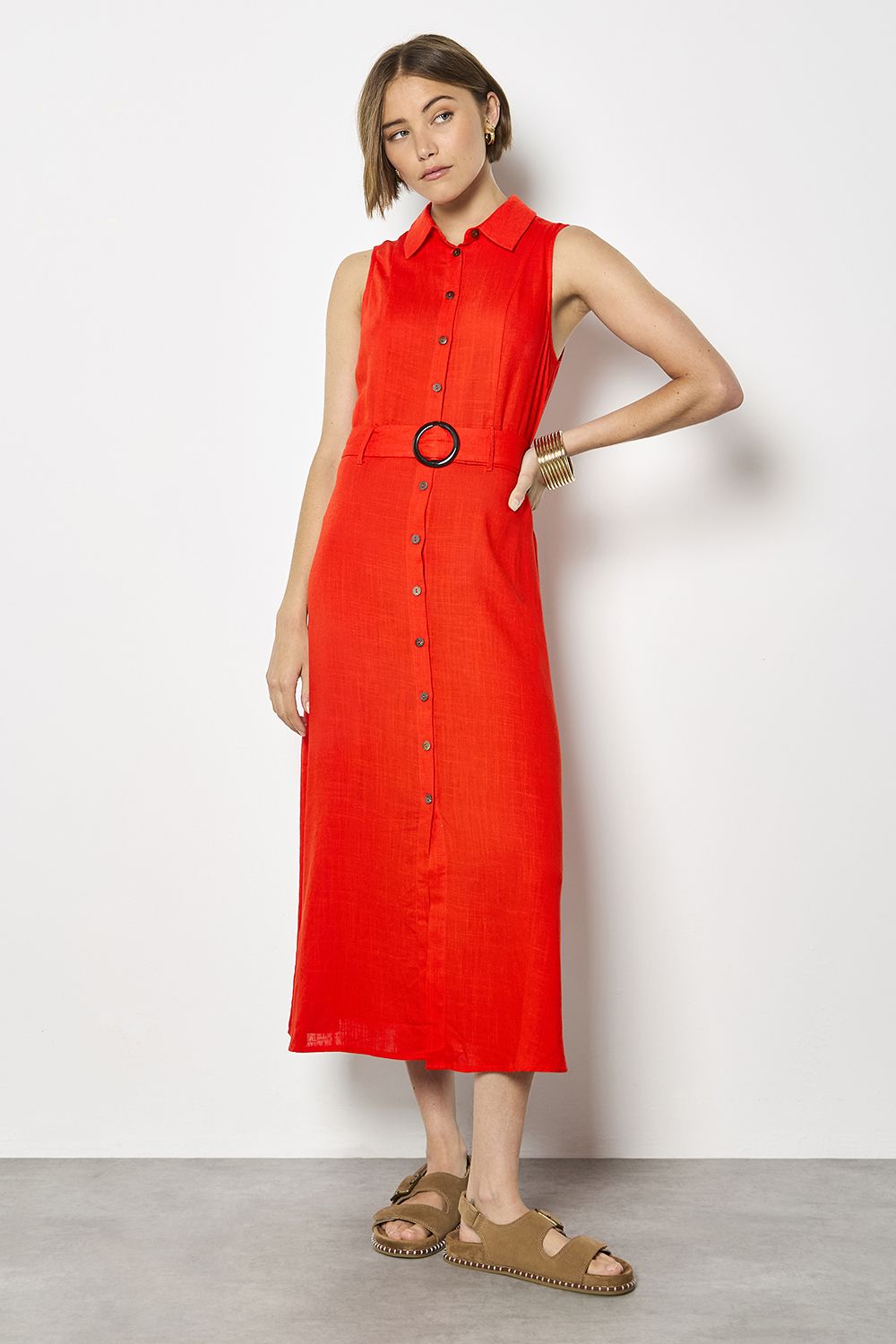 Apricot Linen Blend Shirt Midi Dress In Red