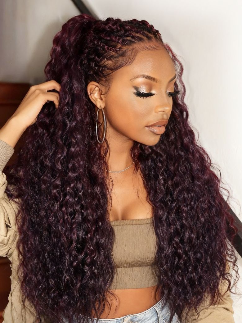 13x4 Pre-Everything™ Lace Frontal Black Cherry Water Wave Glueless Drawstring Wig 100% Human Hair Wig