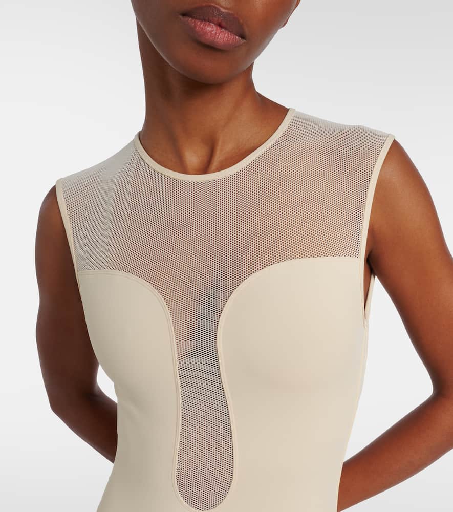 Unique mesh-trimmed jersey bodysuit