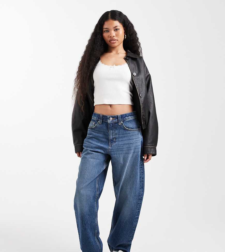 ASOS DESIGN Petite slim barrel leg jeans in mid blue
