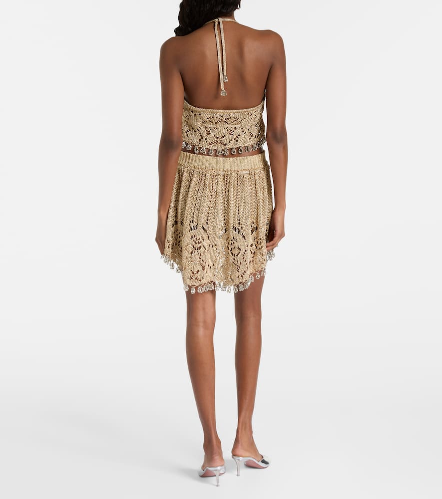 Crochet embellished lamé miniskirt