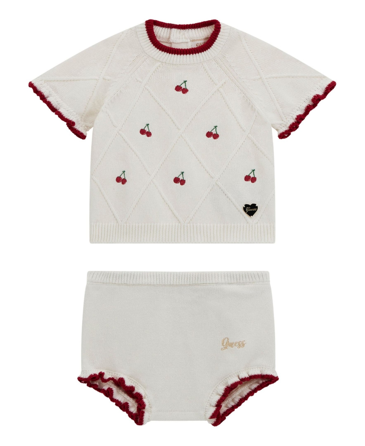 Baby Girls 2-Piece Sweater Top with Frill Edge and Matching Sweater Short Set - Cream