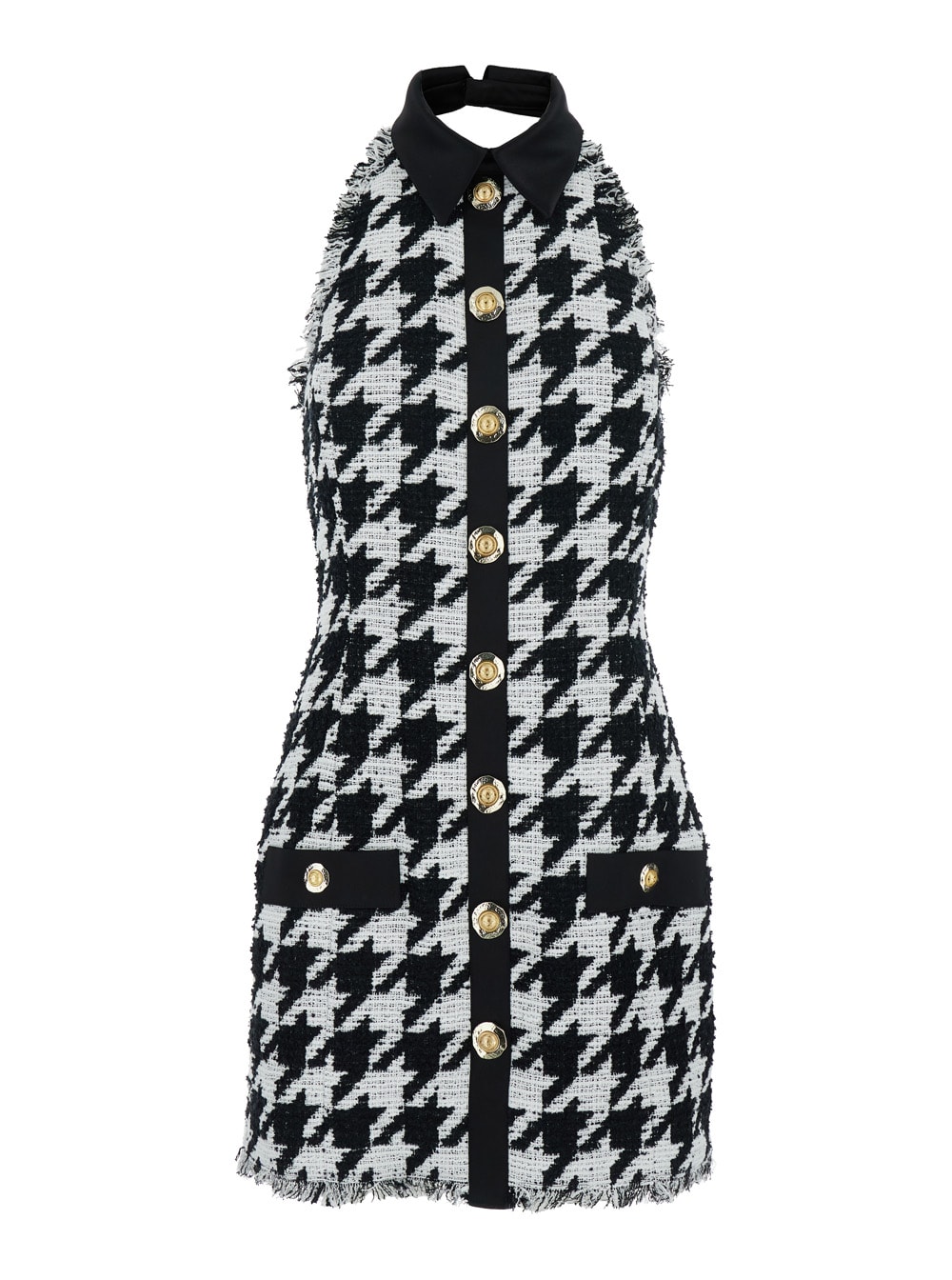 Buttoned Halterneck Tweed & Satin Dress
