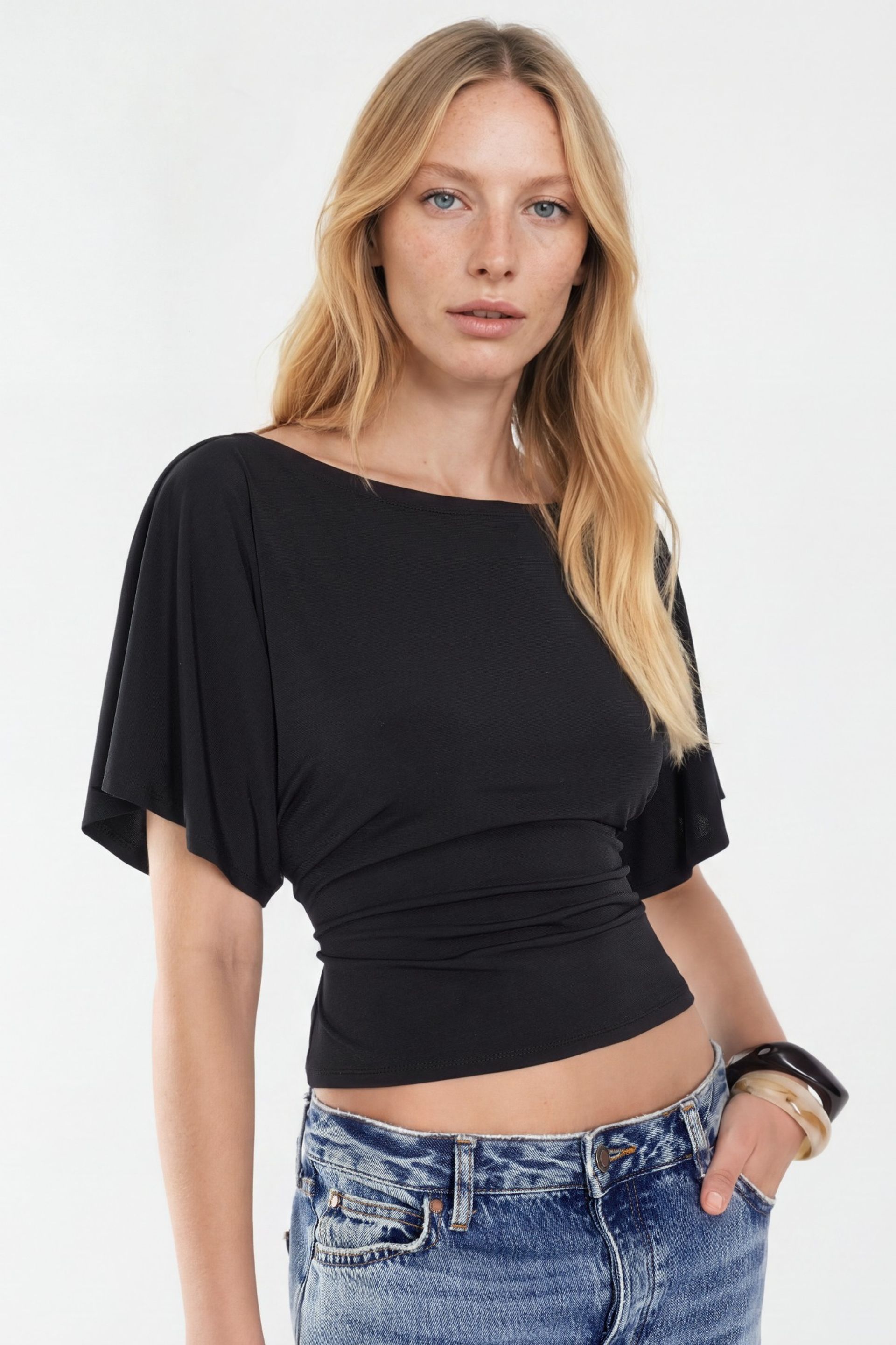 Black Boat Neck Knitted Top Women
