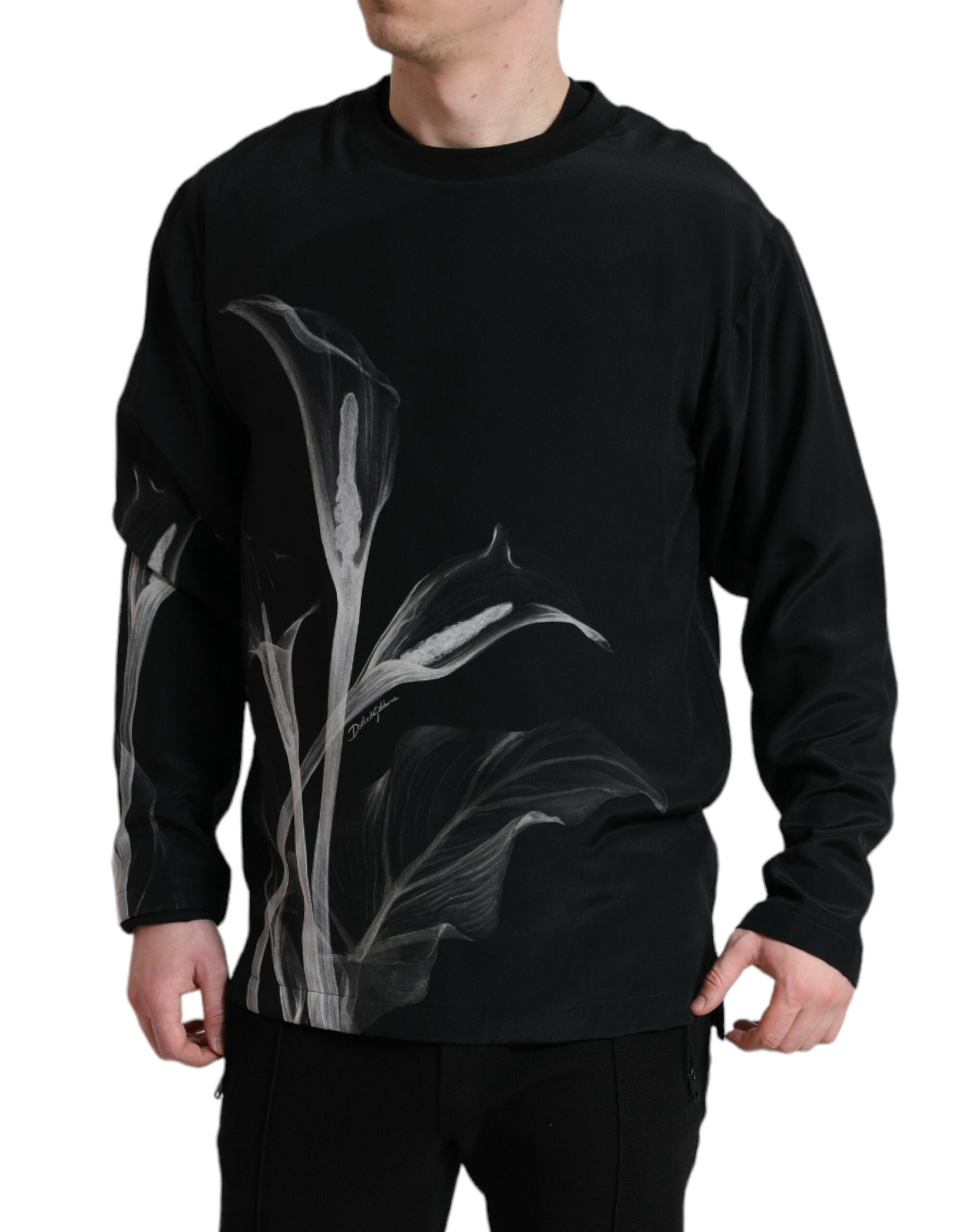 Floral Print Silk Sweater — Black