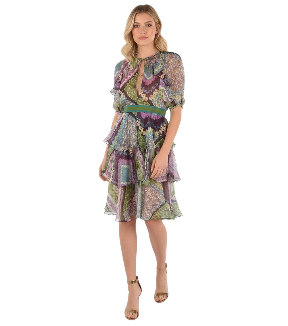 Multicolor Printed V Neck Dress