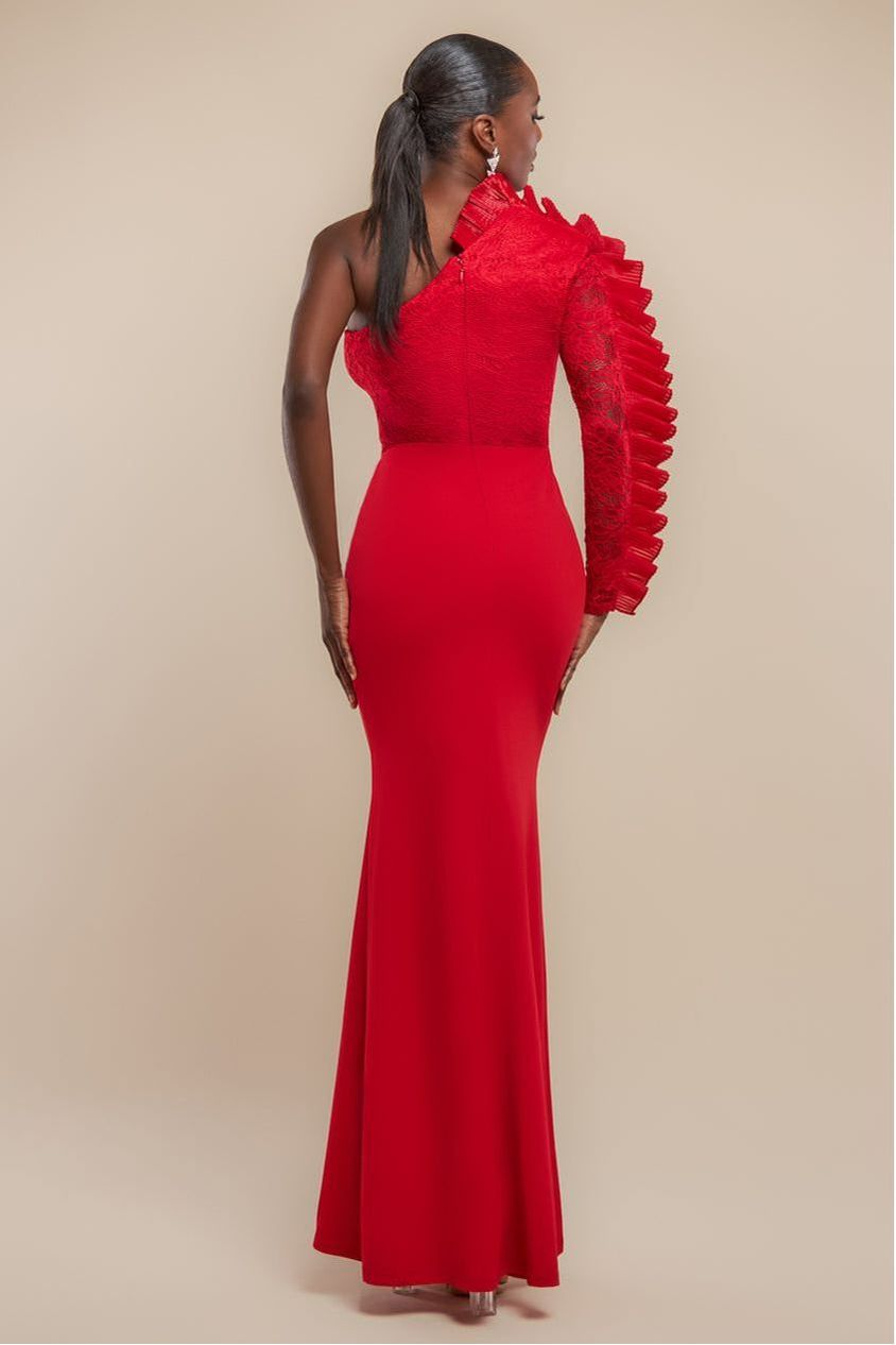 Goddiva One Shoulder Organza Fan Detail Lace Bodice Maxi Dress - Red