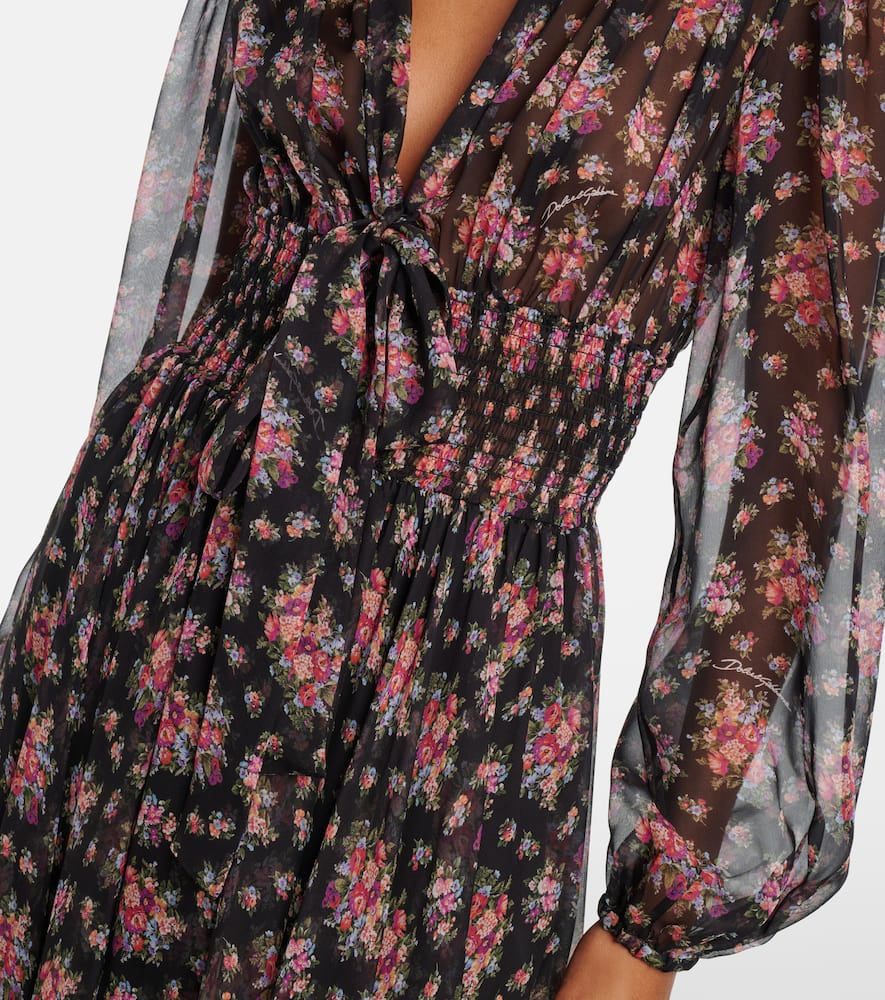 Floral shirred silk midi dress