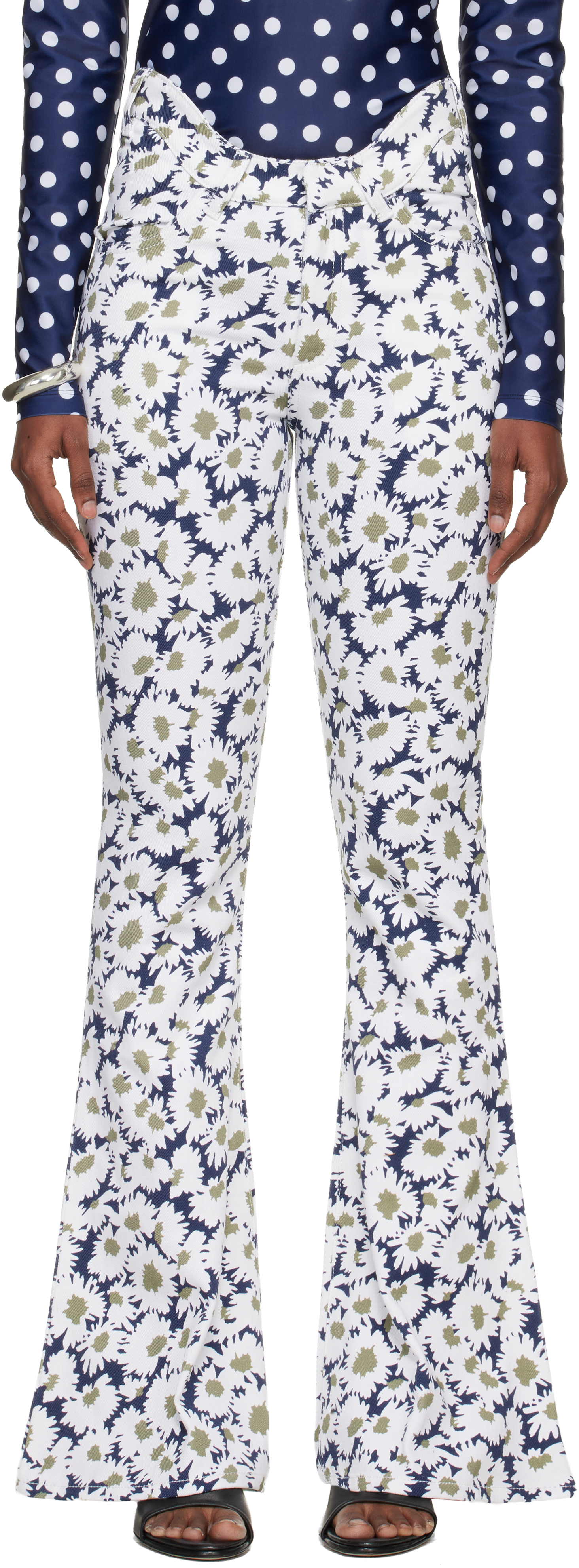 White & Navy 'The Curved Flower' Jeans