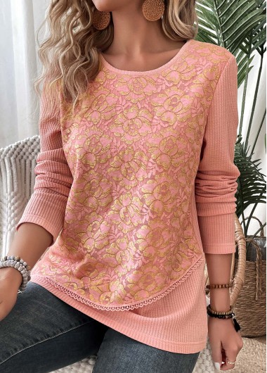 Modlily Dusty Pink Layered Long Sleeve Round Neck T Shirt
