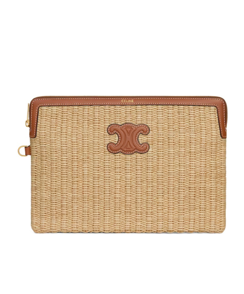 SMALL POUCH WITH STRAP IN raffia effect textile and calfskin