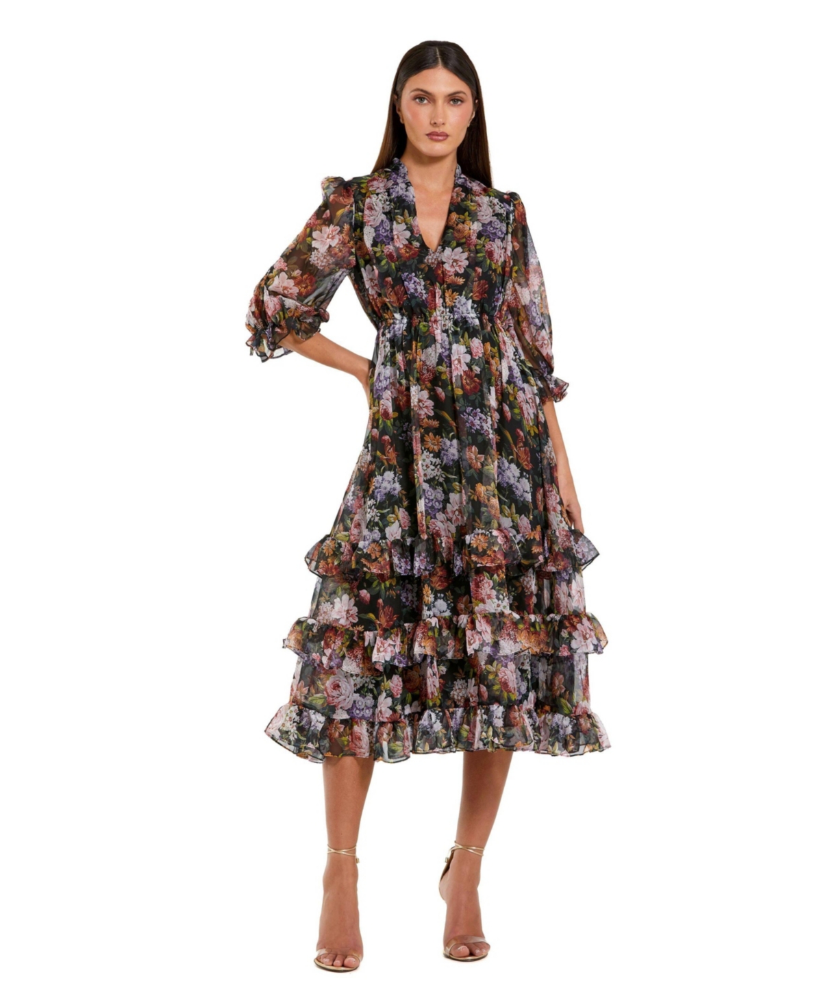 Mac Duggal | Women's Chiffon 3/4 Sleeve A Line Midi Dress With Ruffles -  Black multi | Realry