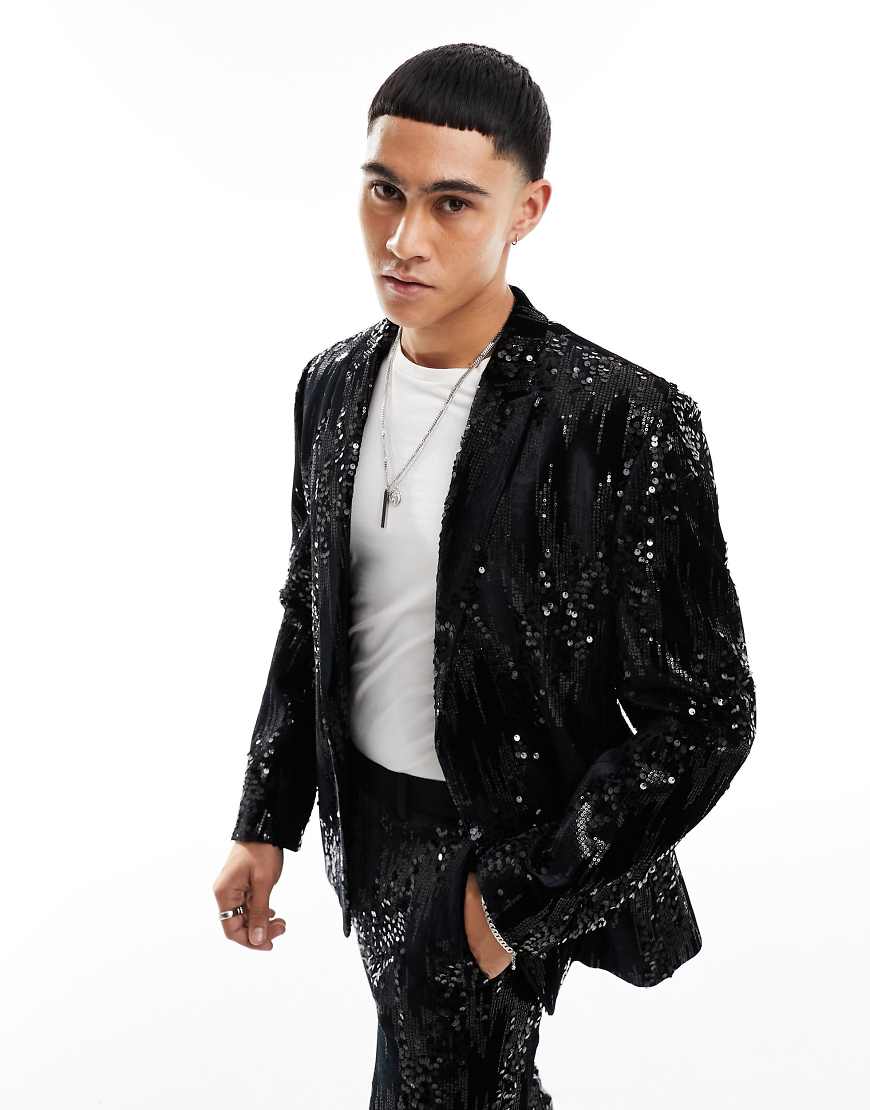 ASOS DESIGN slim scattered sequin suit jacket in black