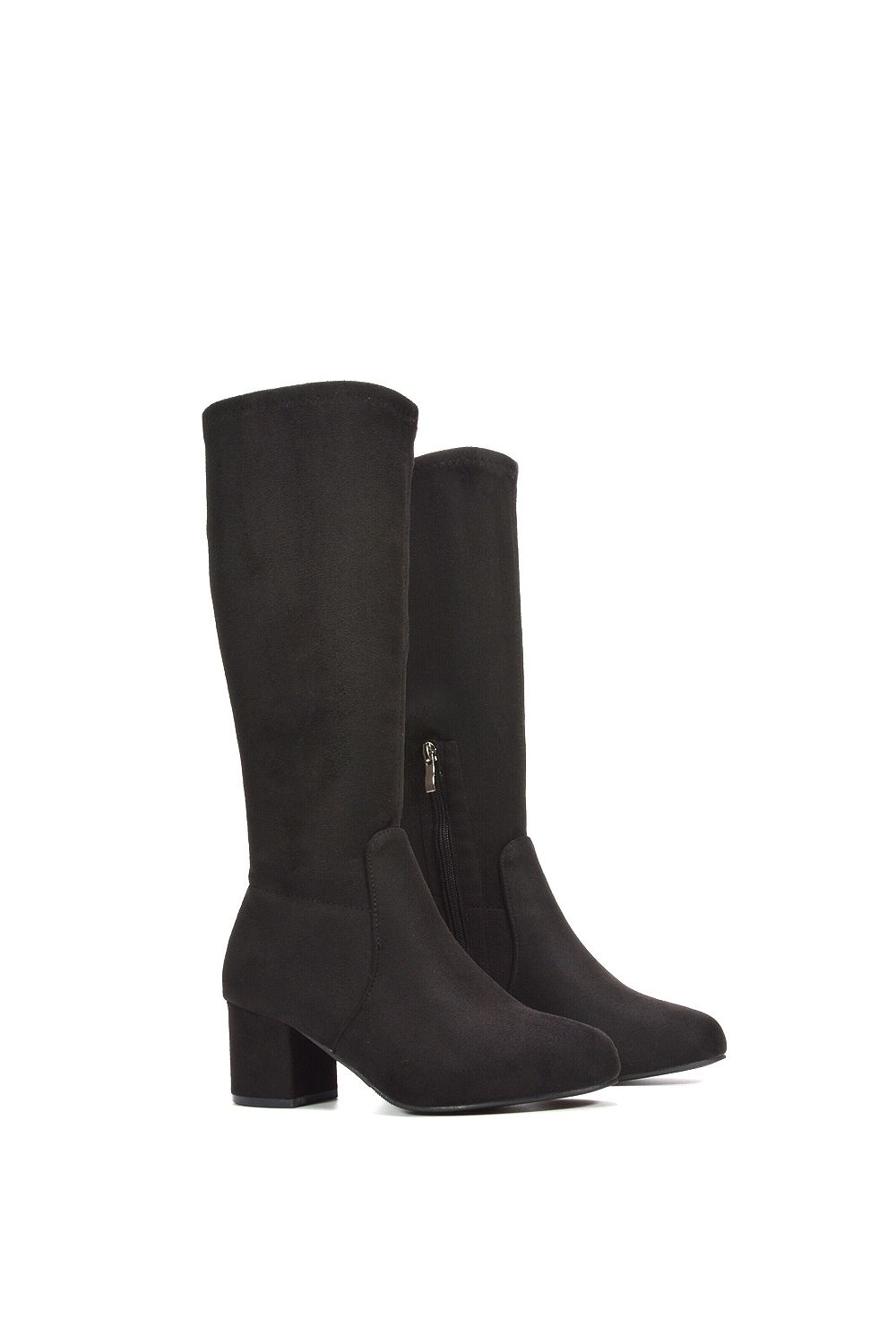 XY London Women's 'Masie' Knee High Boots With Block Low Mid Heel in Jet Black