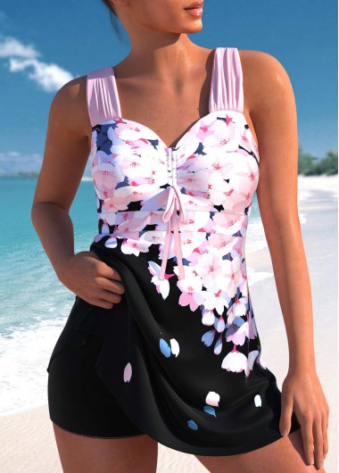 Modlily Drawstring Floral Print Pink Tankini Set
