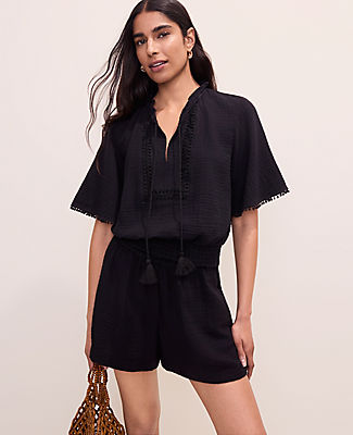 Ann Taylor Smocked Bobble Trim Blouse