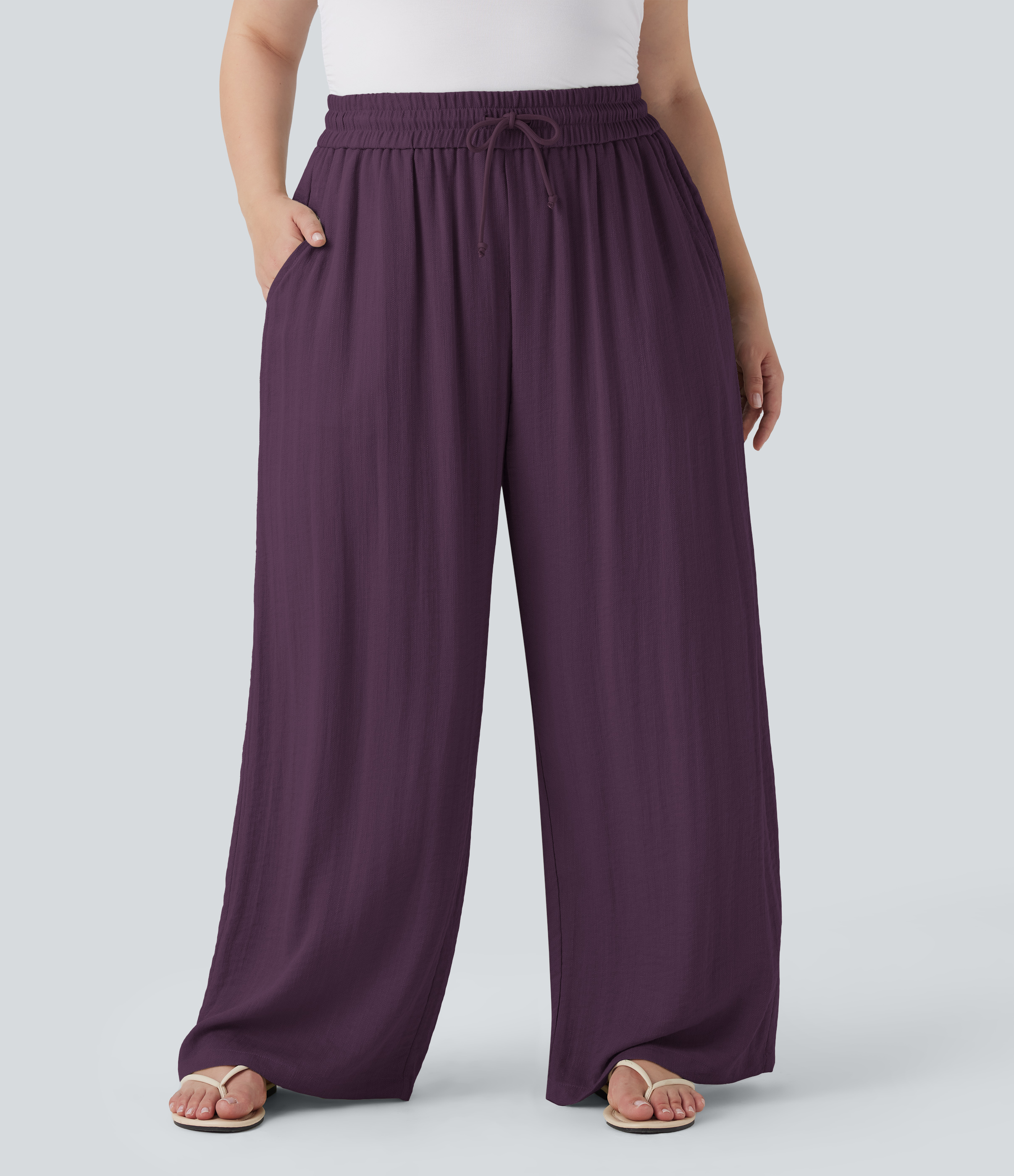 High Waisted Drawstring Linen-Feel Wide Leg Casual Plus Size Pants with Pockets  - Italian Plum
