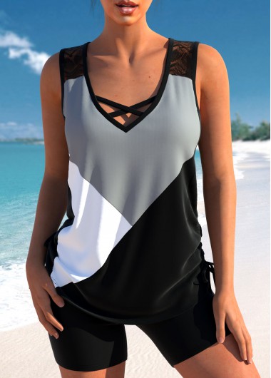 Modlily Patchwork Criss Cross Black Tankini Set