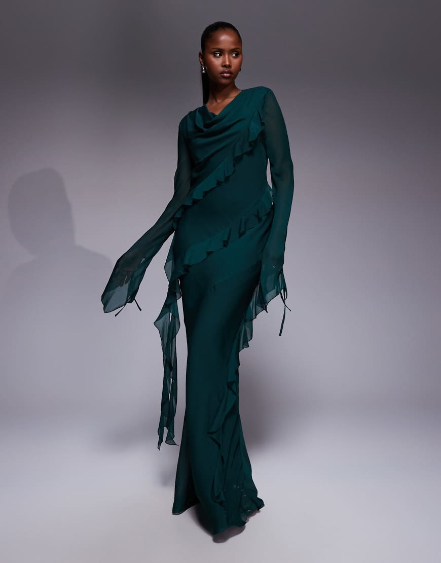 Chiffon ruffle maxi dress in emerald green
