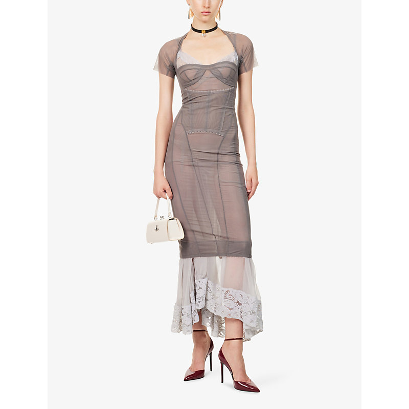 Womens Cloudy Border Short-Sleeve Stretch-Mesh Maxi Dress