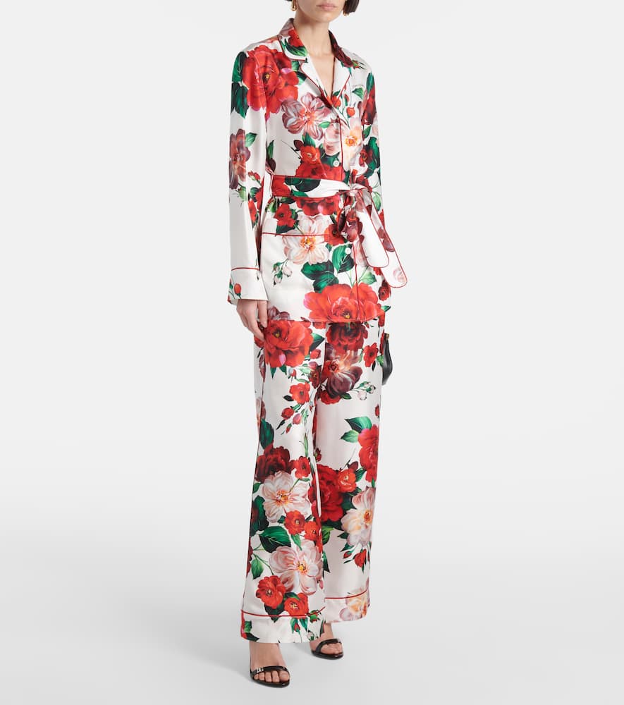 Floral silk satin wide-leg pants