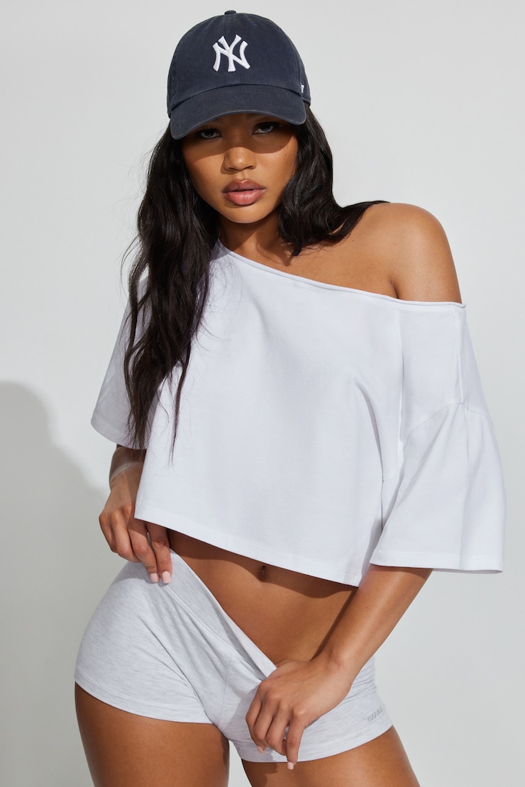 Off Shoulder Cropped T-Shirt - White - Women Clothing