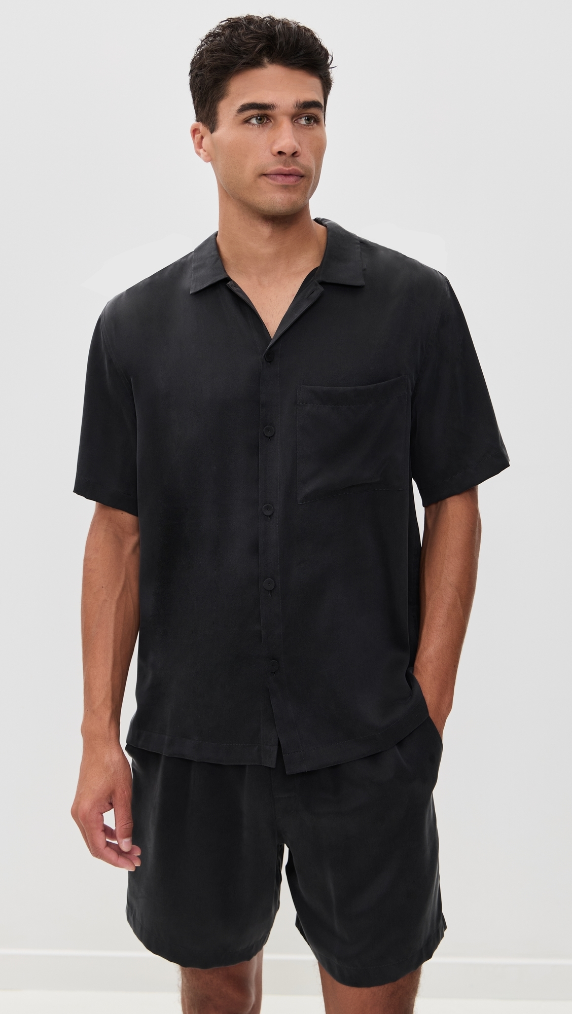 Washable Silk Button Up Short Set Immersed Black