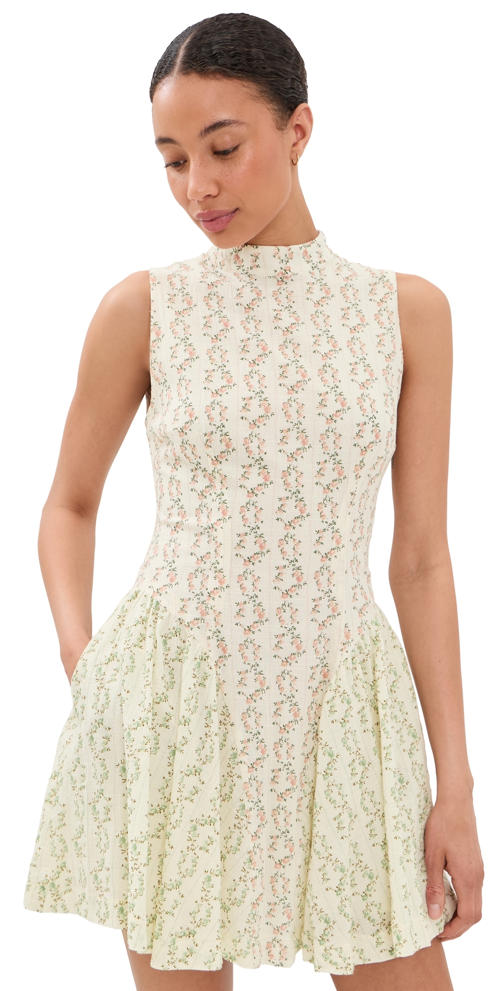 Cottage Core Hip Gather Mini Dress Pink Floral