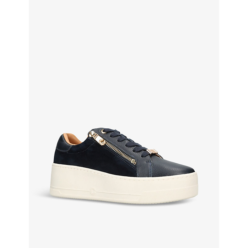 Womens Navy Connected Zip Leather Low-top Trainers