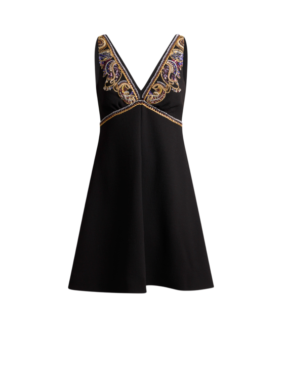 Wool Mini Dress With Paisley Foliage Embroidery