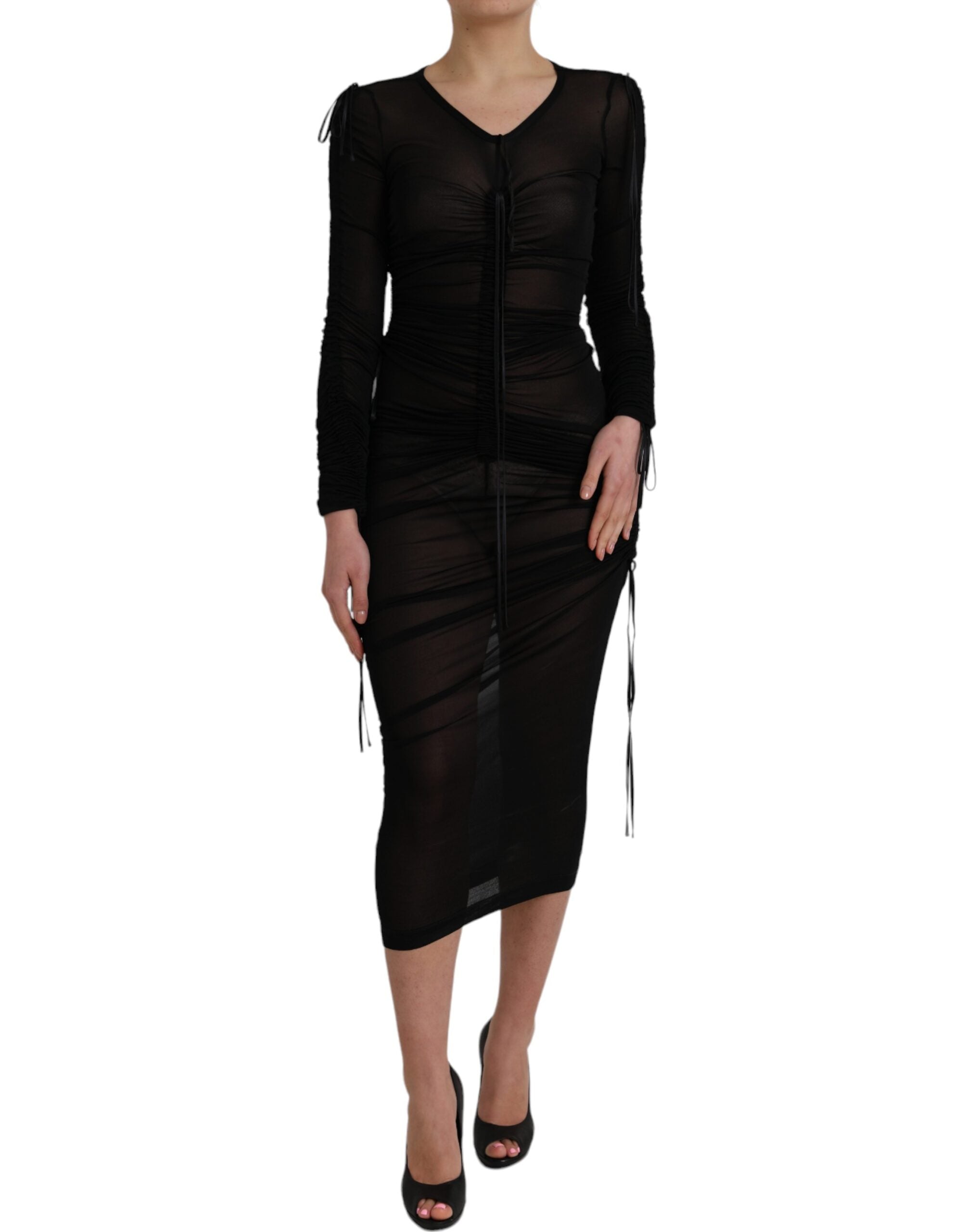Ruched Viscose Blend Dress — Black
