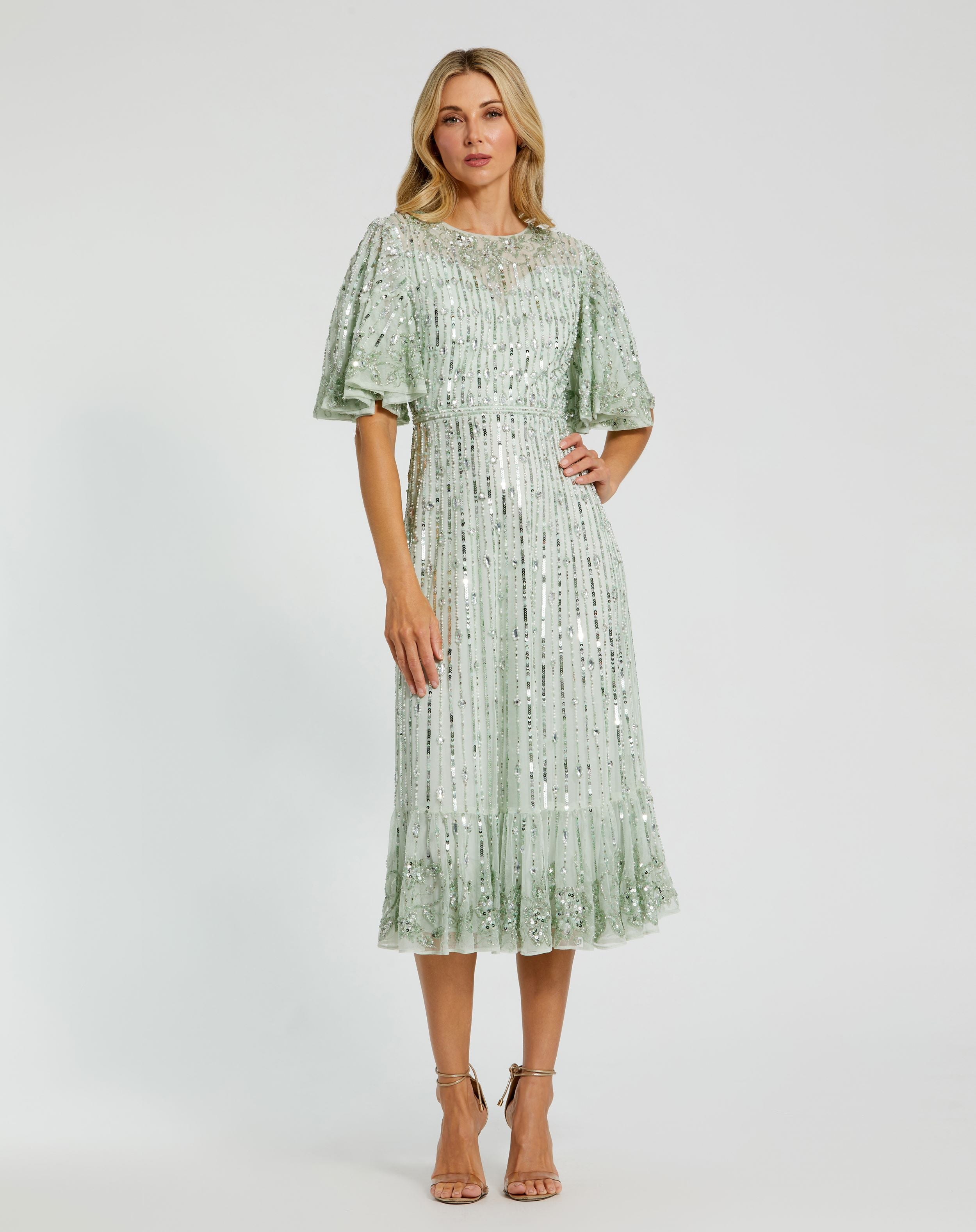 Flounce Sleeve Midi Dress In Sand Silver