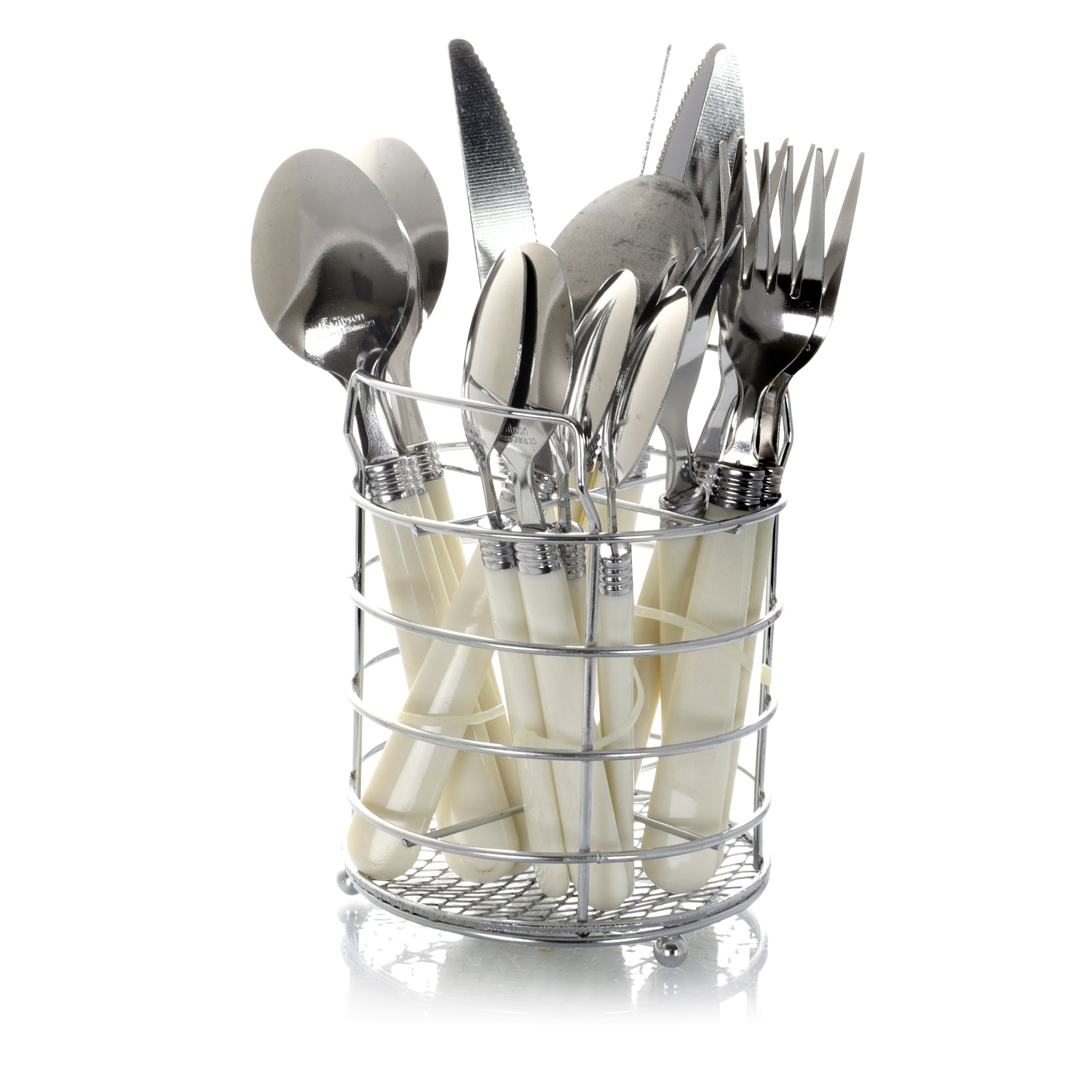 Sensations II 16 Piece Stainless Steel Flatware Set with White Handles and Chrome Caddy