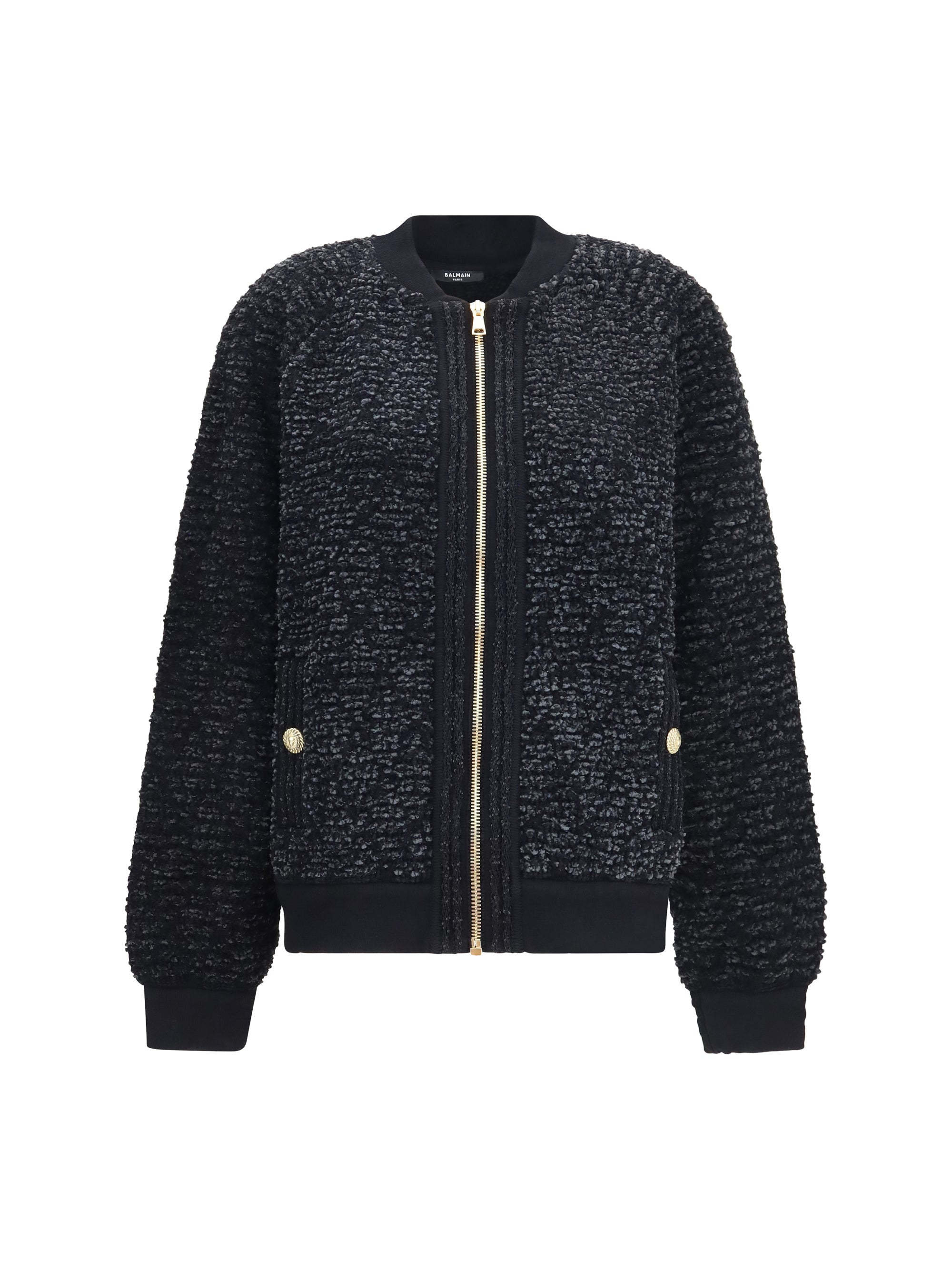 Sequin-Embellished Plush Jacket — Black
