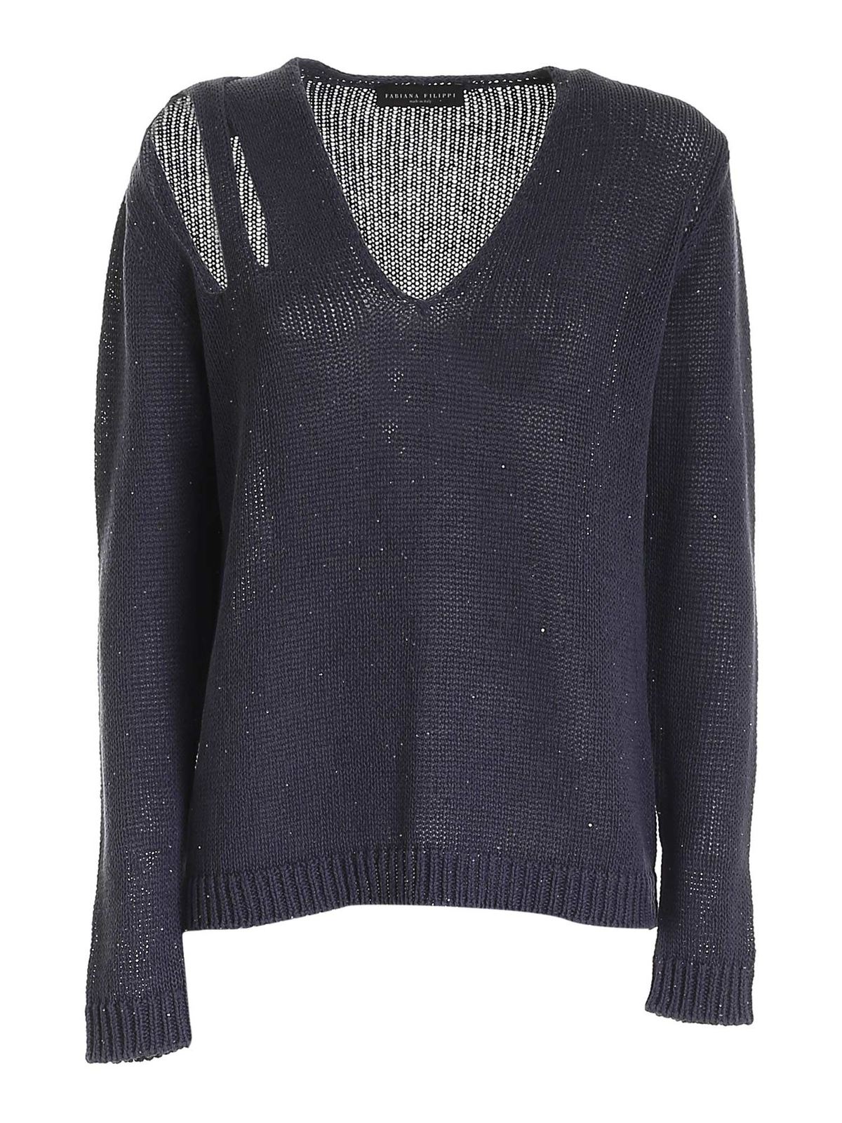 V-neck Sweater In Cotton And Linen With Woven Sequins Open On The Shoulder
