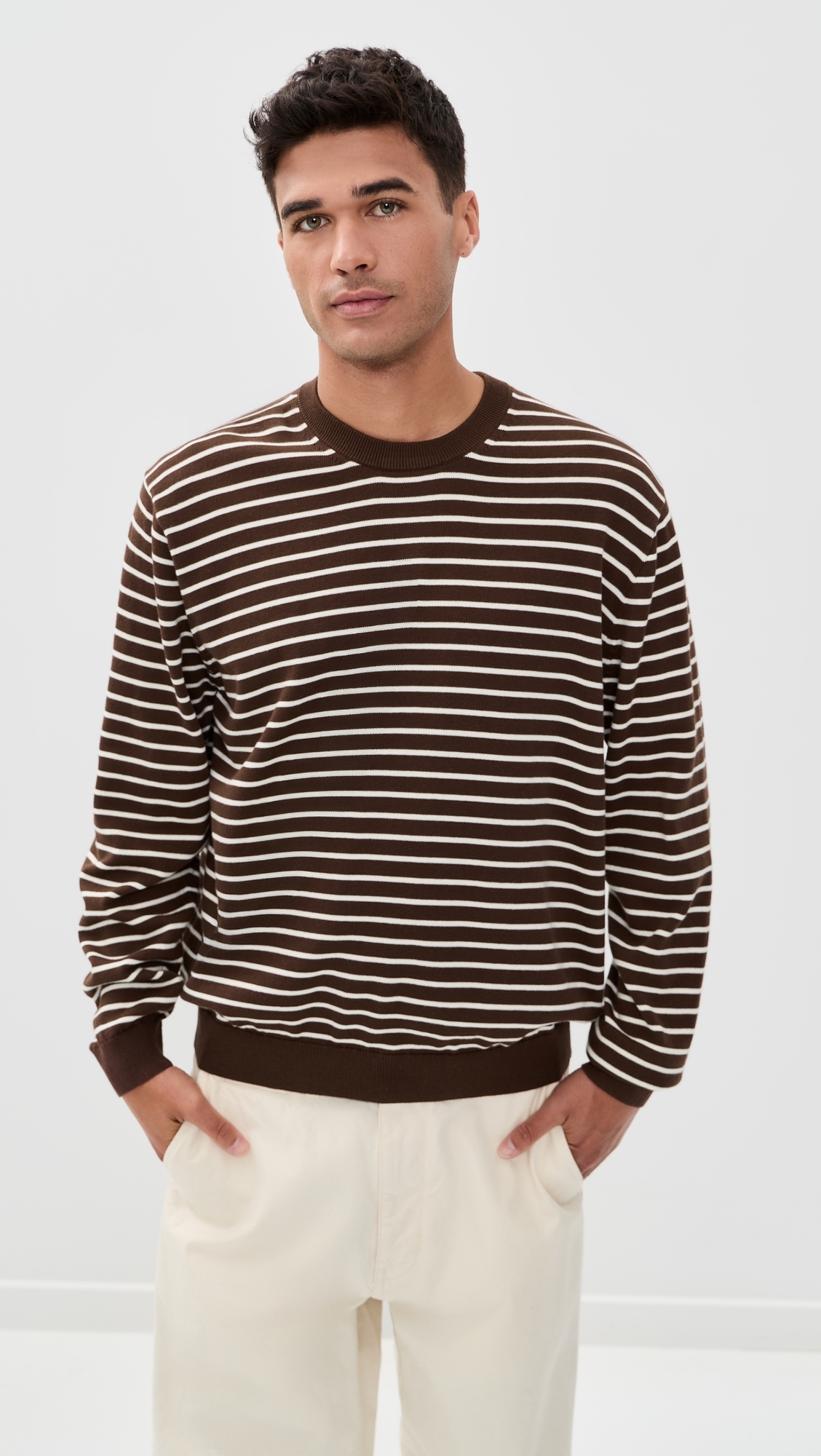 Core Cotton Long Sleeve Crew Sweater Dark Mocha Stripe