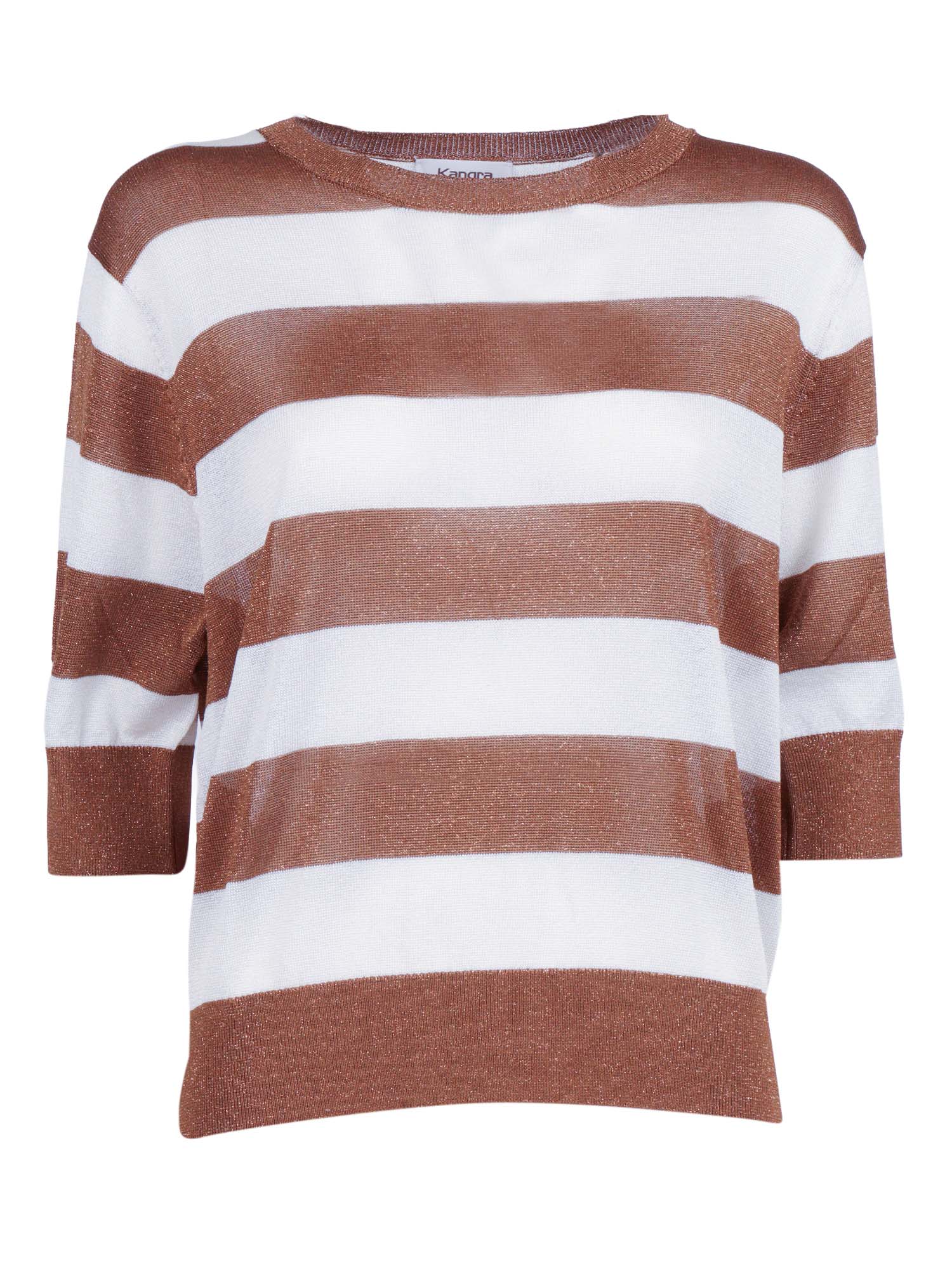 Striped Lurex Crew Neck, Short Sleeves Brown Viscose Metallic Fibre Crewneck - Women