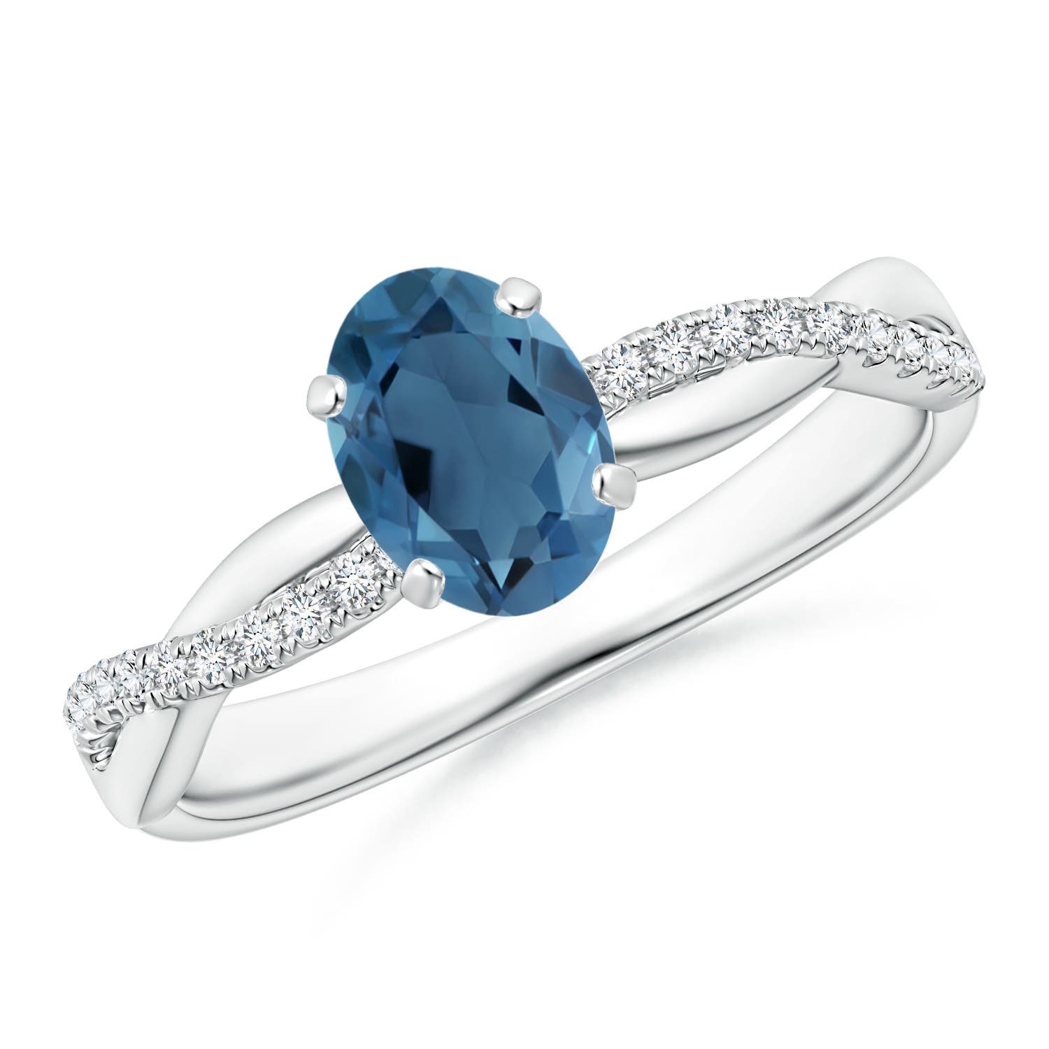 Angara 0.95 Carat Oval London Blue Topaz Twist Shank Ring with Diamonds in Platinum