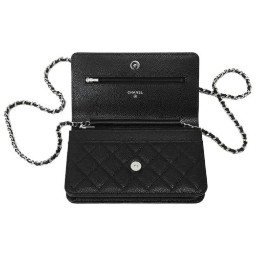 Chanel Black Grained Calfskin Chain/Shoulder Wallet Pre-Owned