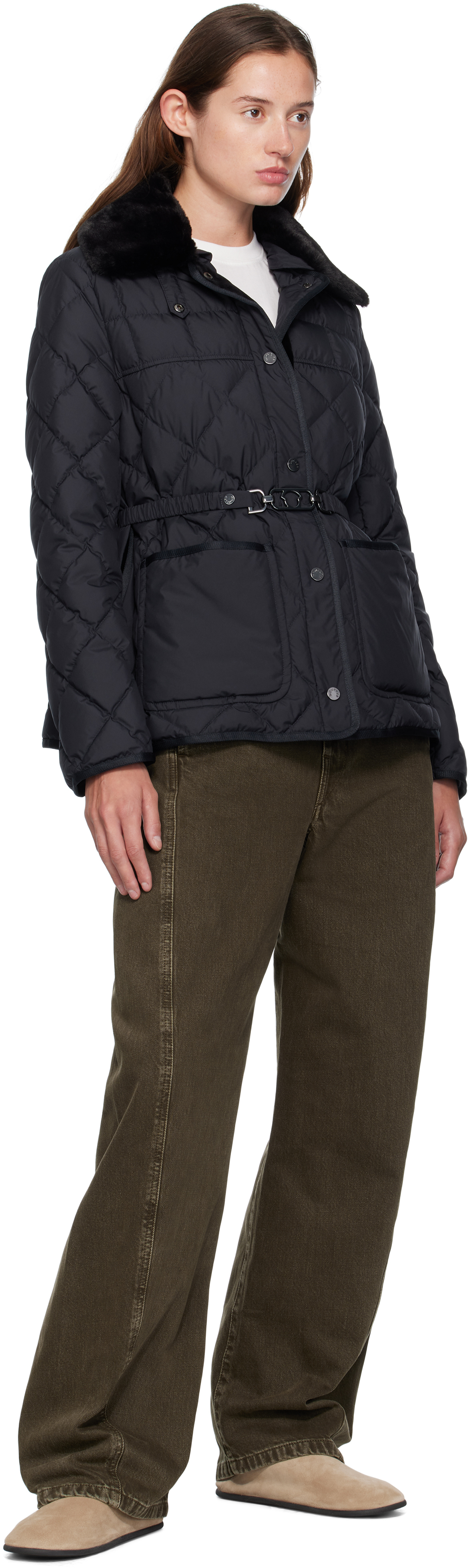 Navy Cygne Faux Fur-Trimmed Short Down Jacket
