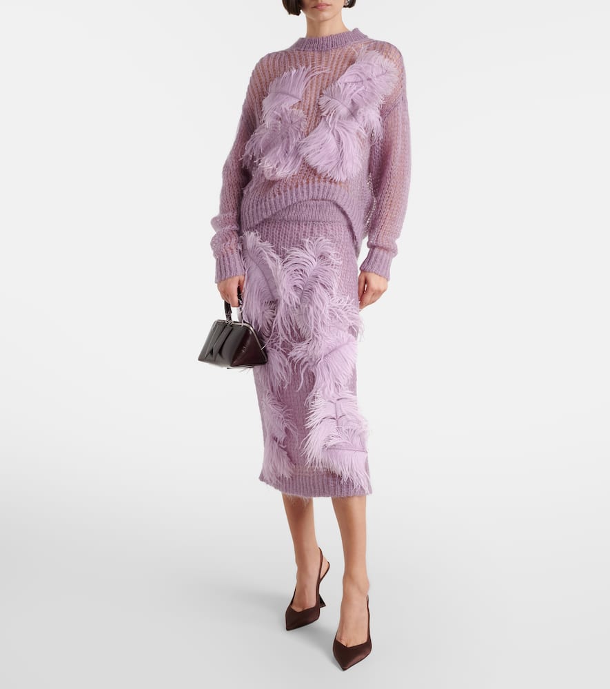 Feather-trimmed open-knit mohair-blend sweater