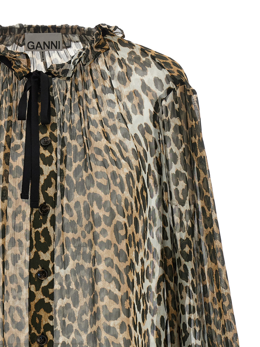 Leopard Print Chiffon Tie String Shirt And Blouse Multicolor