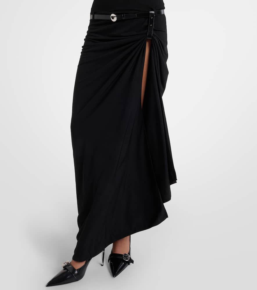 Belted asymmetric draped halterneck maxi dress