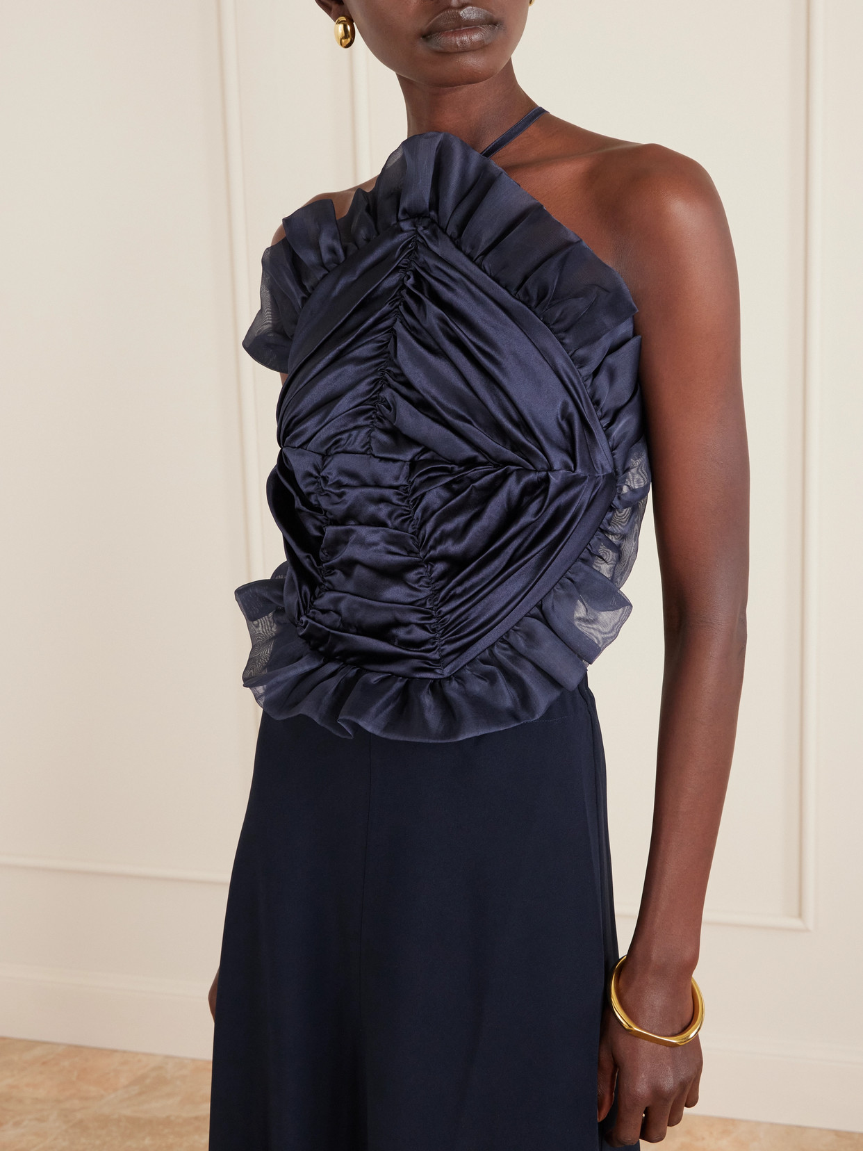 Open-back Ruched Ruffled Organza-trimmed Silk-satin Halterneck Gown - Blue