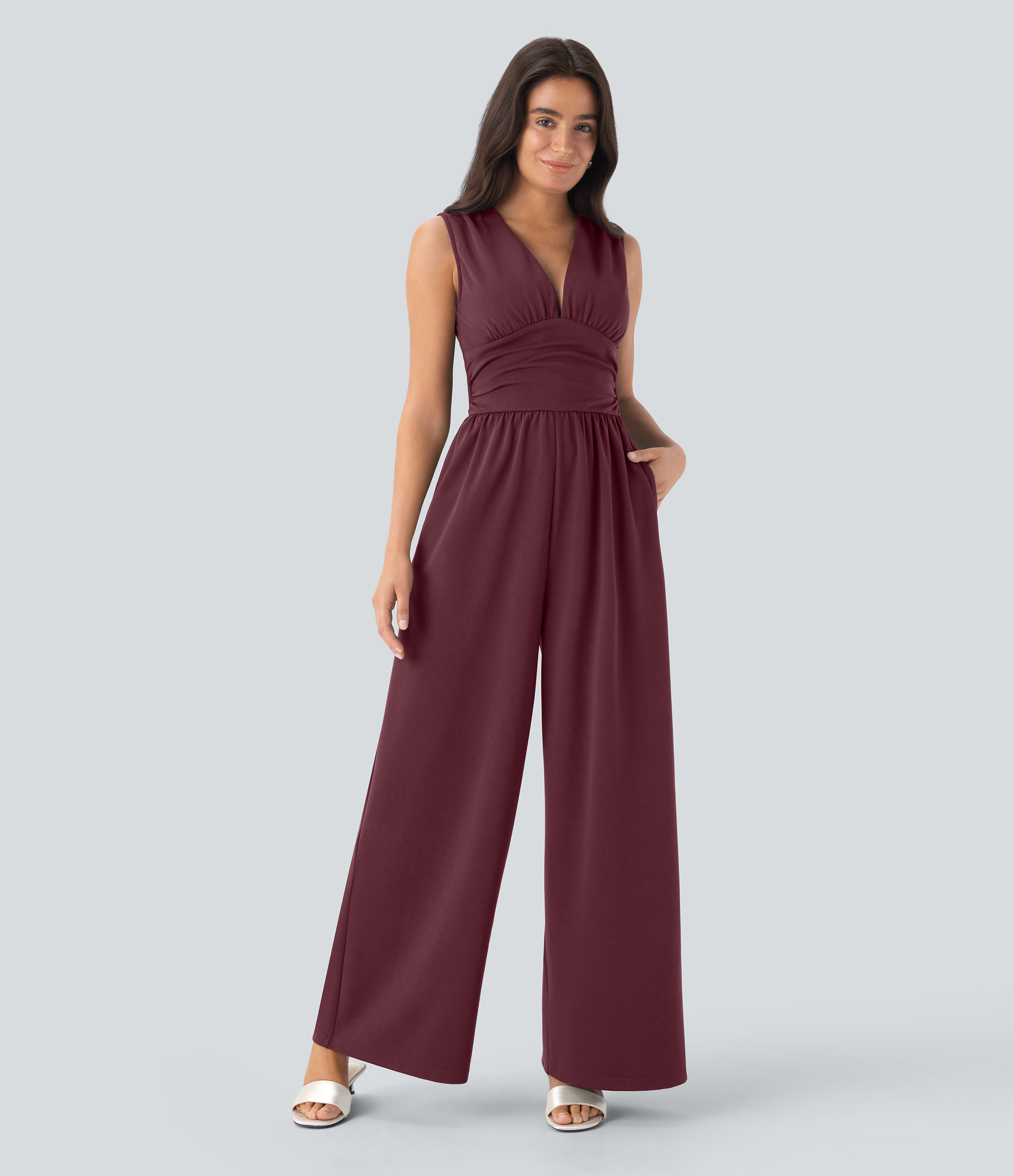 V Neck Sleeveless Ruched Pocket Jumpsuit-Easy Peezy  - Zinfandel