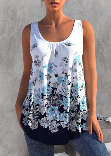 Modlily Floral Print Round Neck White Tank Top